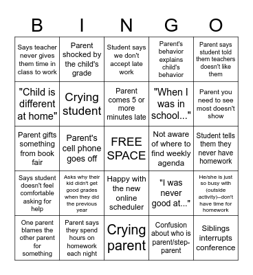 Parent/Teacher Conference Bingo Card
