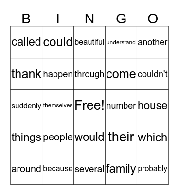 Sight Word Bingo Card