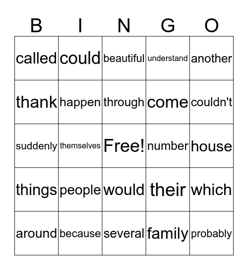 Sight Word Bingo Card