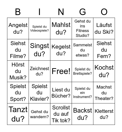 Was machst du in deiner Freizeit? Bingo Card