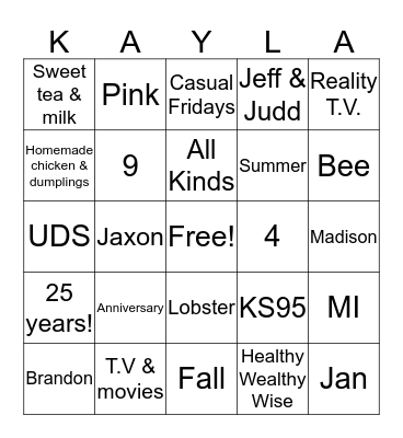 Kayla's 25th Anniversary Bingo Card