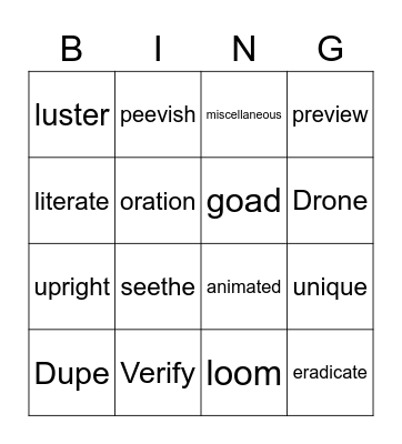 Vocabulary Bingo Card