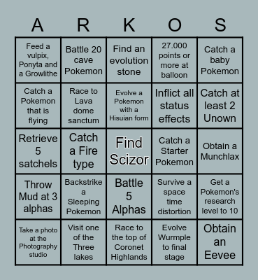 Legends Arceus Bingo Card