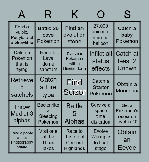 Legends Arceus Bingo Card