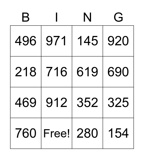Große Zahlen Bingo Card