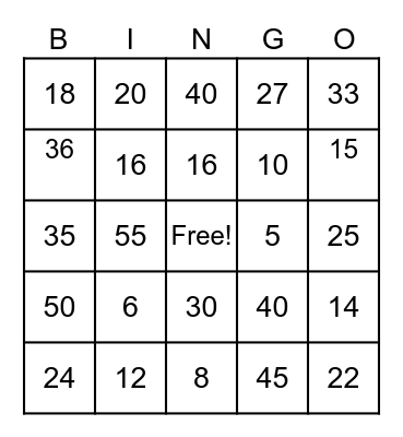 2-5 Multiplication Bingo Card