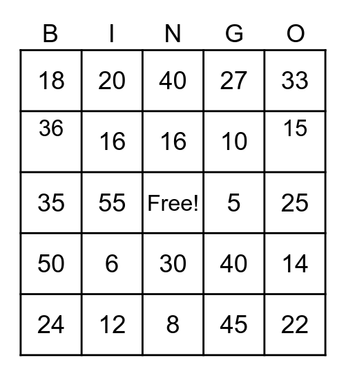 2-5 Multiplication Bingo Card