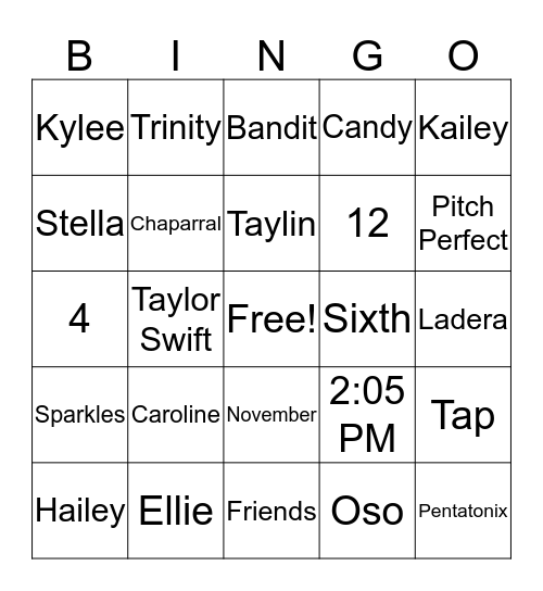 Caroline's 12th Birthday Bingo Card