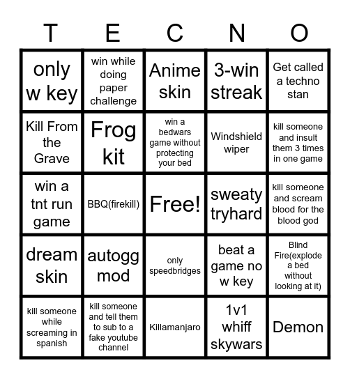 Skywars/bedwars Bingo Card