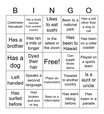 Getting to Know You Bingo Card