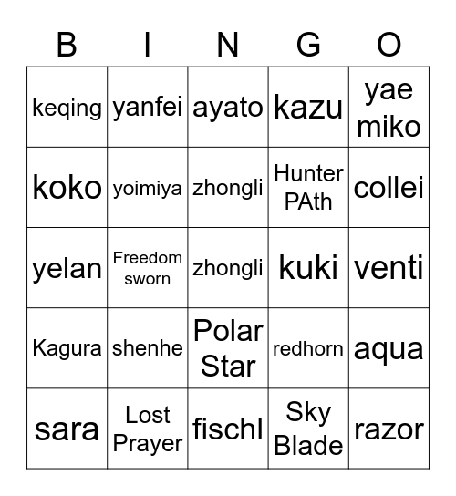 Para's Genshin Bingo Card