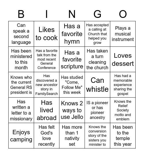 Relief Society Birthday Bingo Card