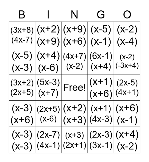 Factoring Trinomials Bingo Card