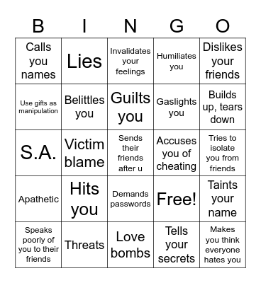 Abusive relationship Bingo Card