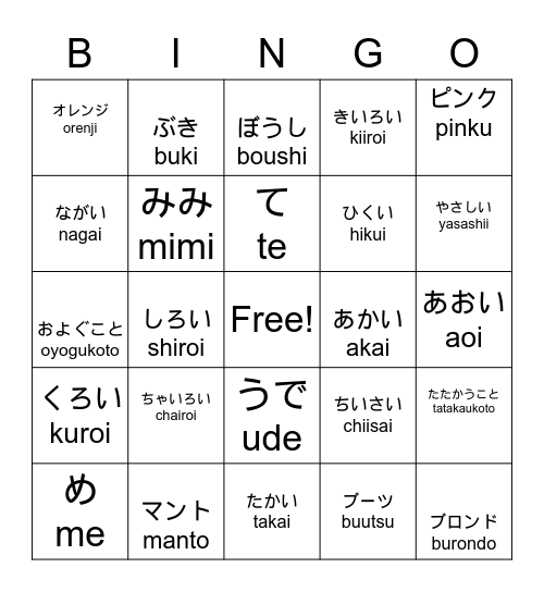 まんが　キャラクター　Romaji Bingo Card