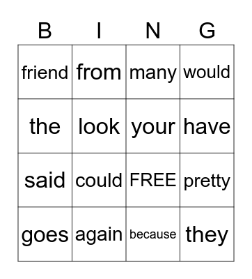 Heart Word Bingo Card