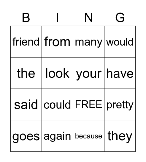 Heart Word Bingo Card