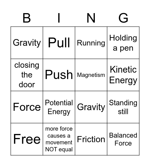 POTENTIAL & KINETIC ENERGY Bingo Card