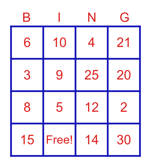 Adding Numbers Bingo Card