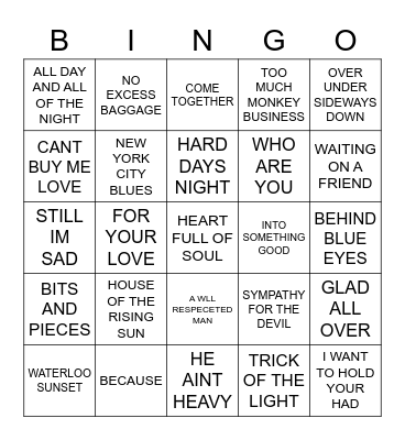 British Invasion Bingo Card