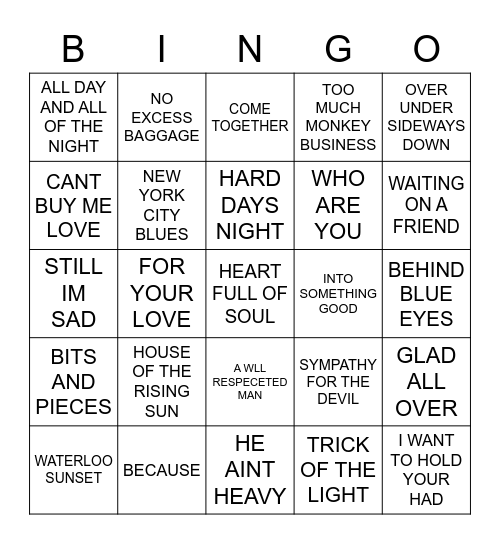 British Invasion Bingo Card