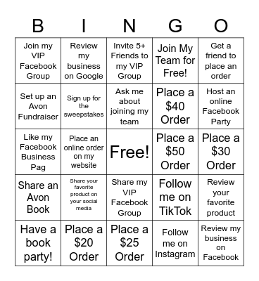 Angela's AVON BINGO Game Ends Dec 31, 22 Bingo Card