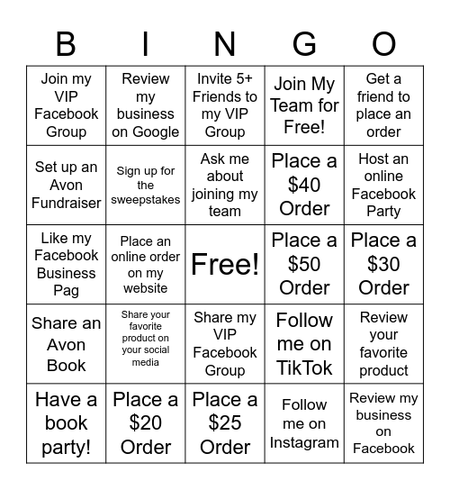 Angela's AVON BINGO Game Ends Dec 31, 22 Bingo Card