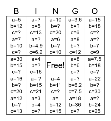 Pythagorean Theorem Bingo Card