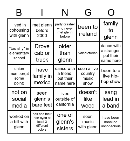 You can get 2 squares from one person. Put their name in the box. Bingo Card