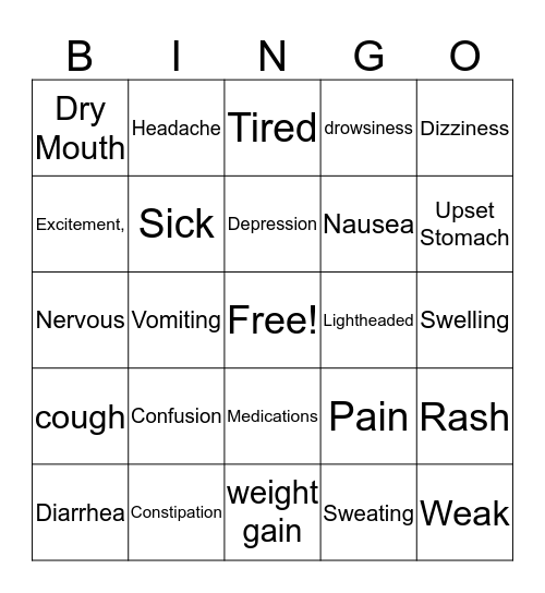 Side Effects Bingo Card