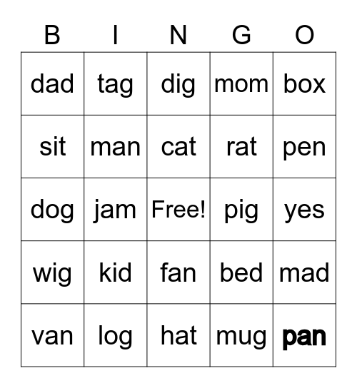 CVC words Bingo Card