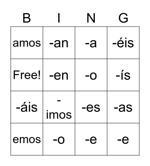 AR Conjugations Bingo Card