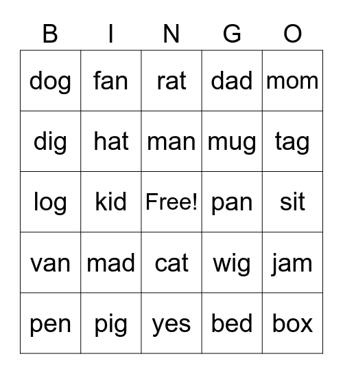 CVC words Bingo Card
