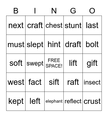 Ending "t" Blend Words Bingo Card