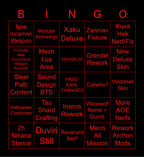 October Warframe Dev-Stream Bingo Card