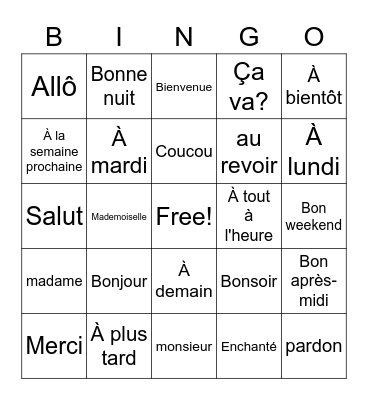 Les salutation Bingo Card