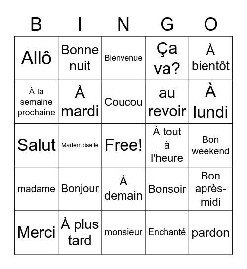 Les salutation Bingo Card