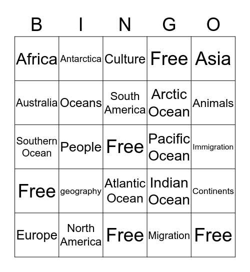 Continents and Oceans Bingo Card