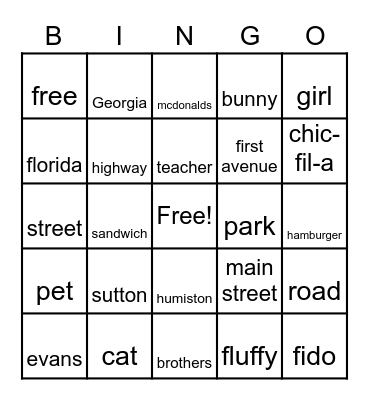 Common Nouns and Proper Nouns Bingo Card