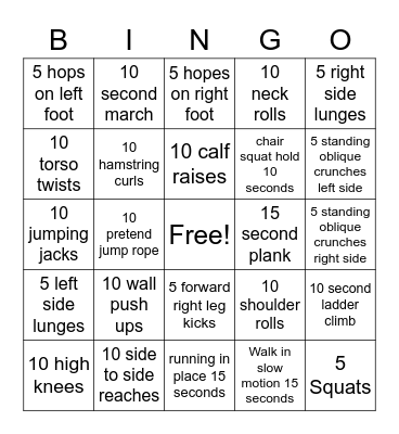 Act Out Exercise Bingo Card