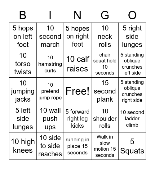 Act Out Exercise Bingo Card