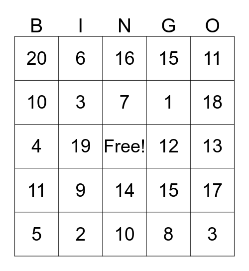 Number bingo Card