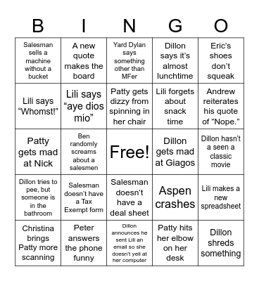 Sales Coordination 10/27 Bingo Card