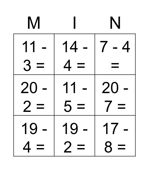 Minsommen            Subtractions Bingo Card