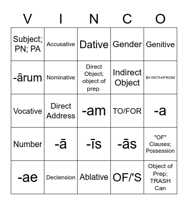1st Declension Bingo Card