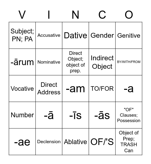 1st Declension Bingo Card