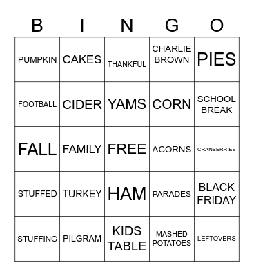 THANKSGIVING Bingo Card