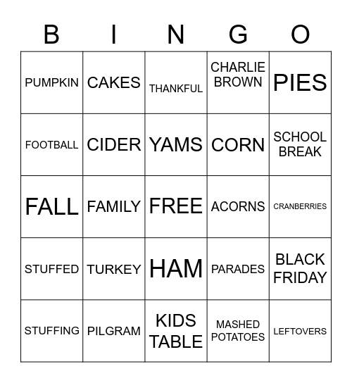 THANKSGIVING Bingo Card