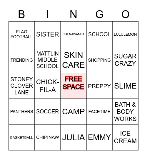 JULES & EMMY BINGO Card