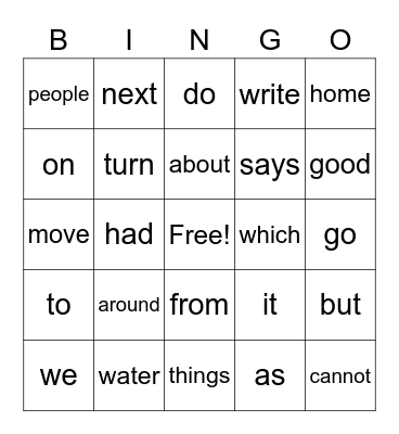 Sight Word 10/27 Bingo Card
